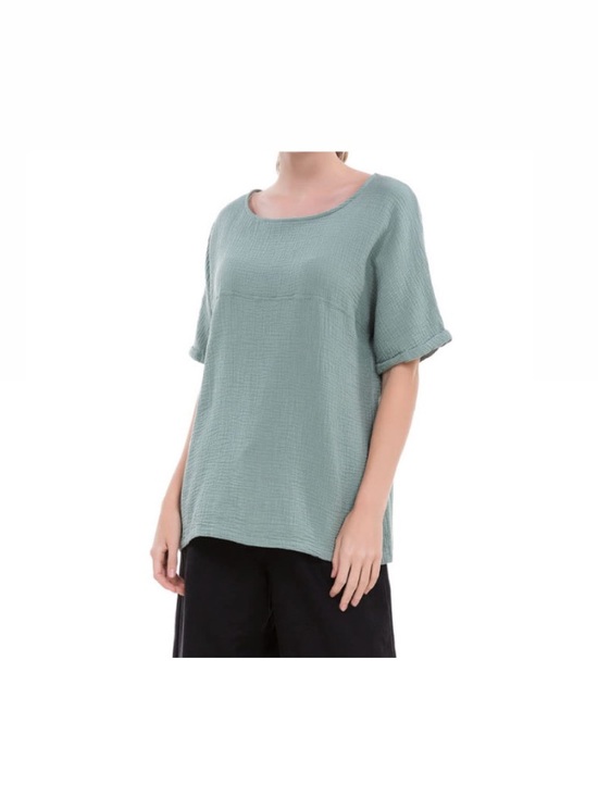 Tops - Linen/Cotton Relaxed Scoop Neck Women’s Top in Sage Green